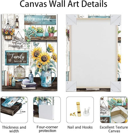 WENGTIAO Kitchen Canvas Wall Art Rustic Sunflower Pictures Vintage Bless The Food Before Us Sign Prints Paintings Christian Religious Bible Quotes Artwork for Farmhouse Dining Room Living Room 16x24in