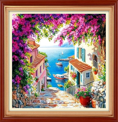 Foxhool Stamped Cross Stitch Kits,11CT Printed Cross Stitch Pattern Full Embroidery Kits for Beginner Needlepoint Kits&Seaside Floral Scenery 18x18 inch