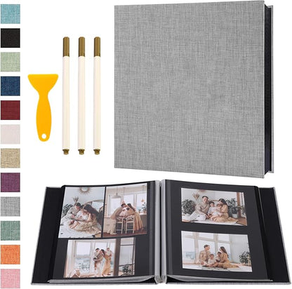 Photo Album Self Adhesive Pages Black Sticky Pages Large Scrapbook Linen Cover for 4x6 5x7 8x10 Pictures Album de Fotos Wedding Couples Baby Family Memory Book, 13.2x12.8 Grey 120 Pages