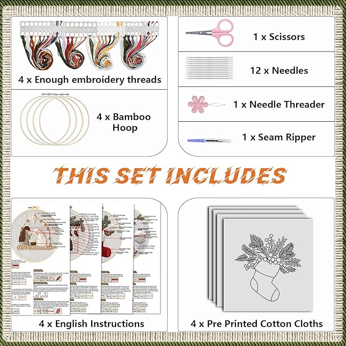 WKALXJ 4 Sets Christmas Embroidery Kits for Adults, Embroidery Kit for Beginners, Cross Stitch Kits for Beginners with Pattern, Needles, Threads, Tools (Holly+Fireplace+Stocking+Nativity Manger)