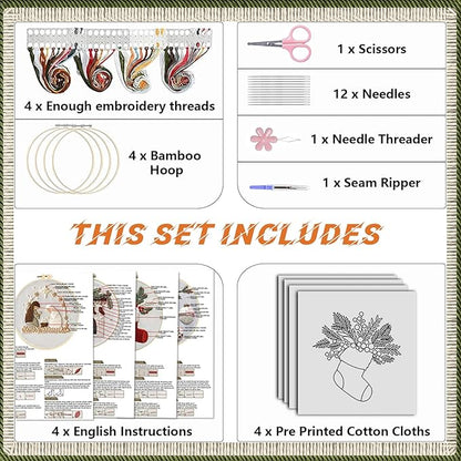 WKALXJ 4 Sets Christmas Embroidery Kits for Adults, Embroidery Kit for Beginners, Cross Stitch Kits for Beginners with Pattern, Needles, Threads, Tools (Holly+Fireplace+Stocking+Nativity Manger)