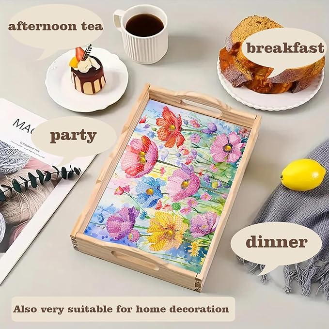 SHLUHA Diamond Art Kits for Adults Diamond Painting Wooden Serving Trays with Handle Food Tray for Party Breakfast Home Decor Gift