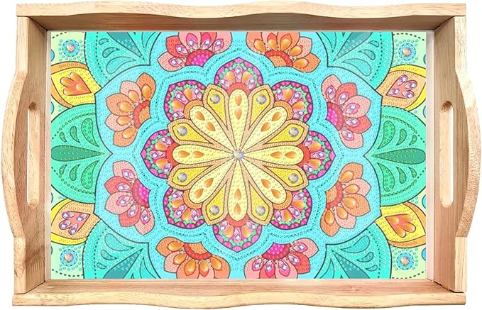 EWJRNSF Diamond Art Kits for Adults Wooden Serving Trays with Handles, 5D Diamond Painting Big Gem Arts and Craft Gifts Trays Decor Gift Home Decor 7.8x11.8 Inches Mandala F