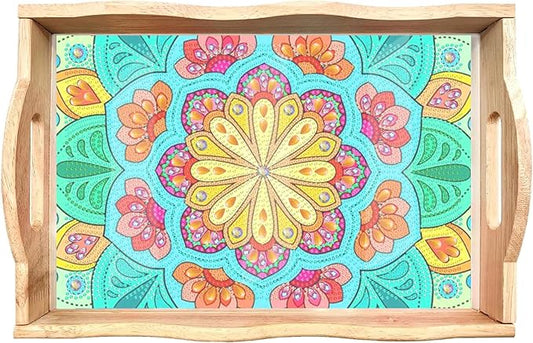 EWJRNSF Diamond Art Kits for Adults Wooden Serving Trays with Handles, 5D Diamond Painting Big Gem Arts and Craft Gifts Trays Decor Gift Home Decor 7.8x11.8 Inches Mandala F