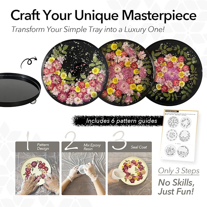 GooCare DIY Decorative Tray Craft Kit for Adult - Create Your Own Real Flower Tray with Epoxy Resin, Metal Tray for Vanity, Perfume, Key, Trinket Organizer, Table Decor (Beige, Basic)