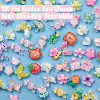 120Pcs Slime Charms Cute Set Mixed Colors Flatback Resin Charm Kawaii Embellishments for DIY Crafts Bulk Assorted Ornament Making kit Accessories for Phone Junk Cases Scrapbooking Decorations