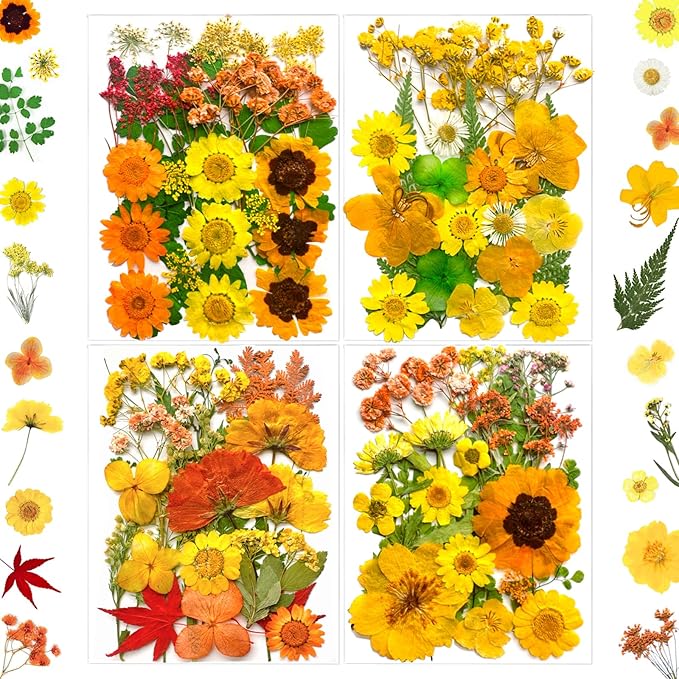 88Pcs Yellow Pressed Dried Flowers for Resin Molds, Real Natural Bulk Dry Floral Leaves for DIY Art Crafts, Epoxy Jewelry, Candle, Soap Making, Nails Decors