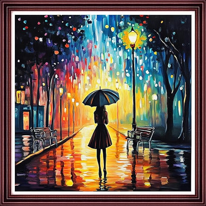 DMCCRAFT Stamped Cross Stitch Kits for Adults 11CT Printed Cross-Stitch Patterns Embroidery Kits Easy Cross Stitching Needlepoint Kits Crossstitch-A Girl Strolling on a Rainy Night 18x18 inch