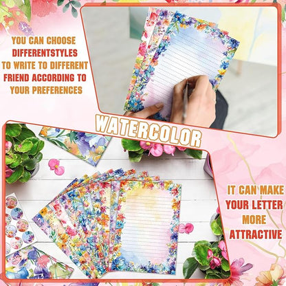TaoBary 160 Pcs Stationery Paper Set 50 Double Sided Stationery Papers with 50 Matching Envelopes and 60 Round Dot Sticker, 10 Design(Bright Floral,5.5 x 8.25 Inch)