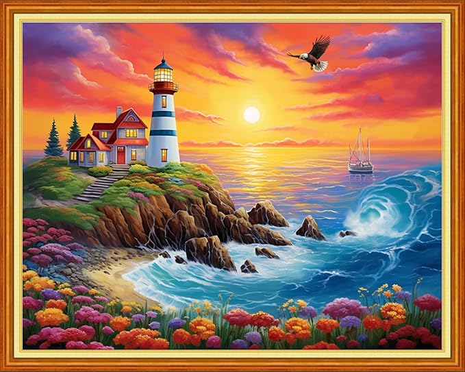 Dooxvey Cross Stitch Kits for Adults Stamped Full Range of Embroidery Starter Kits for Beginners 11CT Printed Cross Stitch Patterns Needlepoint Kits Stamped Crossstitch-Seaside Lighthouse 16x20inch