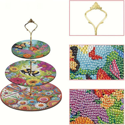 Three-Tier Diamond Painting Wooden Cake Stand DIY Sunflower Diamond Painting Cupcake Towel-Lined Tiered Tray Reusable Pastry Stand (Bee-Attracting Flowers)