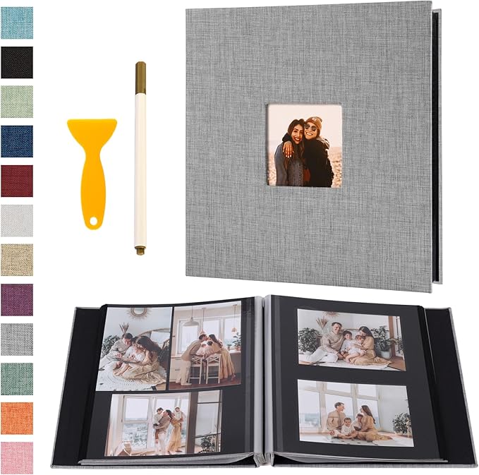Self Adhesive Photo Album Black Pages Scrapbook Magnetic Photo Albums for 4x6 5x7 8x10 Pictures Books with Sticky Pages with A Metallic Pen for Baby Family Wedding 13.2x12.8 Grey 40 Pages