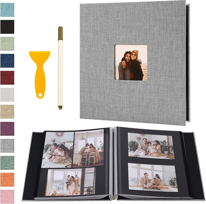 Self Adhesive Photo Album Black Pages Scrapbook Magnetic Photo Albums for 4x6 5x7 8x10 Pictures Books with Sticky Pages with A Metallic Pen for Baby Family Wedding 13.2x12.8 Grey 40 Pages