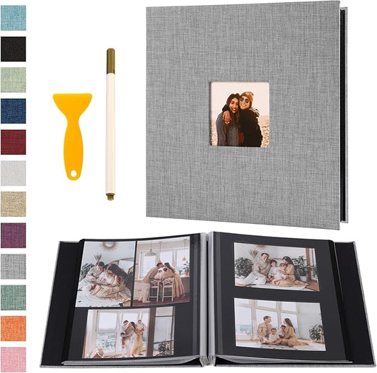 Self Adhesive Photo Album Black Pages Scrapbook Magnetic Photo Albums for 4x6 5x7 8x10 Pictures Books with Sticky Pages with A Metallic Pen for Baby Family Wedding 11x10.6 Grey 60 Pages