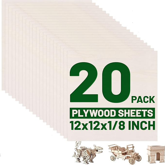 20 Pack Basswood Sheets - 12 x 12 x 1/8 Inch (3mm) Premium Plywood Sheets Unfinished Wood Boards for Crafts - Laser Cutting, Engraving, Wood Burning & Architectural Models with Smooth Surface