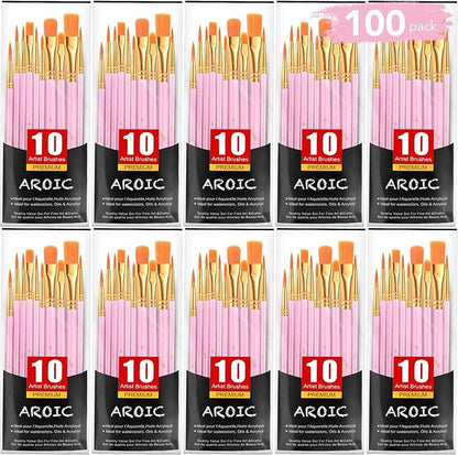 AROIC Painting Brushes Set, 10 Packs /100 Pieces, Nylon Brush Head, Suitable for Oil and Watercolor, Perfect Suit of Art Painting, Best Present for Painting, Pink