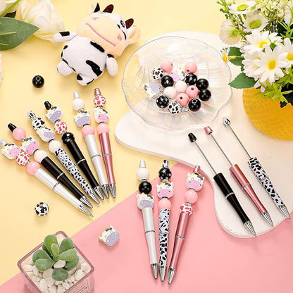 Geyee 12 Set Plastic Beadable Pens Assorted Bead Pens Crystal Wood Round Spacer Set Black Ink DIY Ballpoint for Women Men Gift Office Supplies(Cow Pattern)