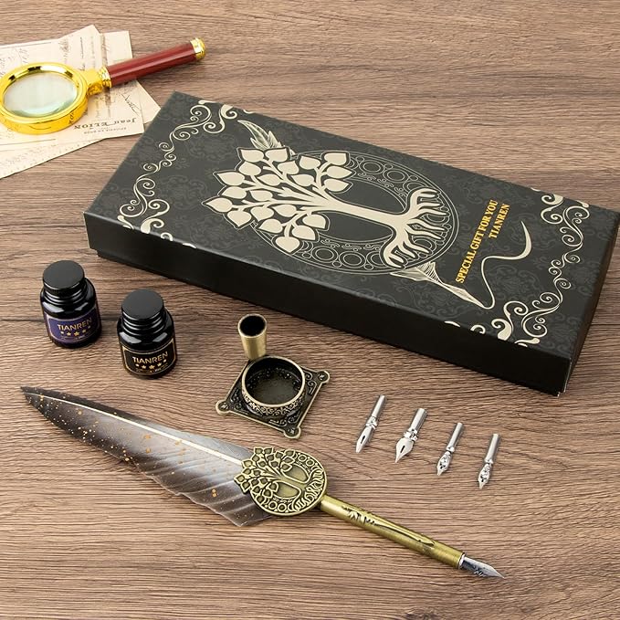 TIANREN Feather Pen and Ink Set,quill pen ink set,Antique Calligraphy Pen with 4 Replaceable Nibs,2 Bottle of ink,Pen Holder Christmas Gift for Men&Women.(Gray)