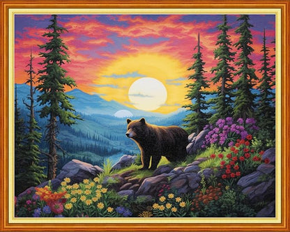 DMCVIVR Stamped Cross Stitch Kits for Beginners Adults Needlepoint Kits for Beginners Embroidery Kits for Adults Crossstitch Kit for Beginners 11CT-Sunrise Bear 16x20 inchs