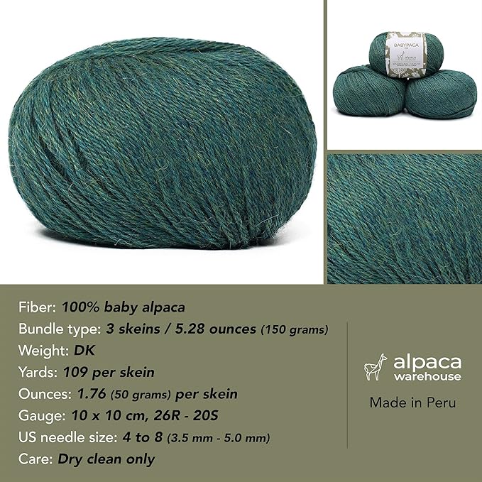 100% Baby Alpaca Yarn Wool Set of 3 Skeins (150 Grams) DK Weight - Made in Peru - Heavenly Soft and Perfect for Knitting and Crocheting (Heather Blue Green, DK)