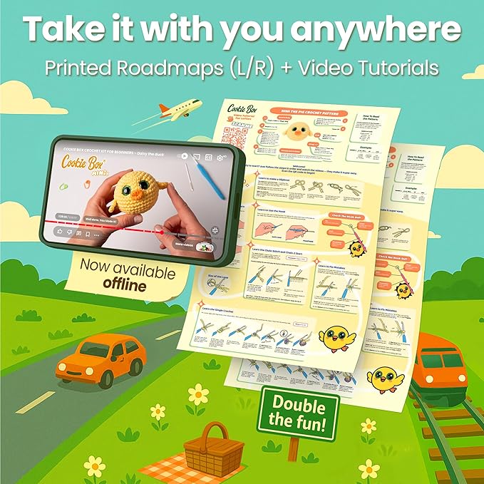 Cookie Box Crochet Kit for Beginners – Gift Set to Make Duck Daisy Amigurumi Plushie – Easy DIY Crochet & Knitting Starter Kit with Printed Instructions & Step-by-Step Video Tutorial