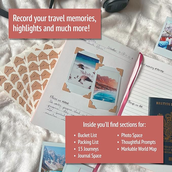 gateway22 Travel Journal Couples Edition - Travel Memory Book, Trip Diary, Photo Album - 136pgs, 15 Trips. Includes Photo Corner Stickers. In Gift Sleeve. Travel Gift for Women and Men - A5 Red
