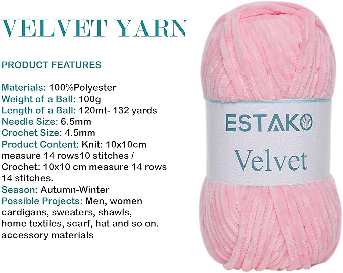 Estako Velvet (3- Skeins Pack) Chenille Blanket amigurumi Yarn for Crocheting and Knitting Super Bulky 3x100 gr (3x132 yds) (1310 - Baby Pink)