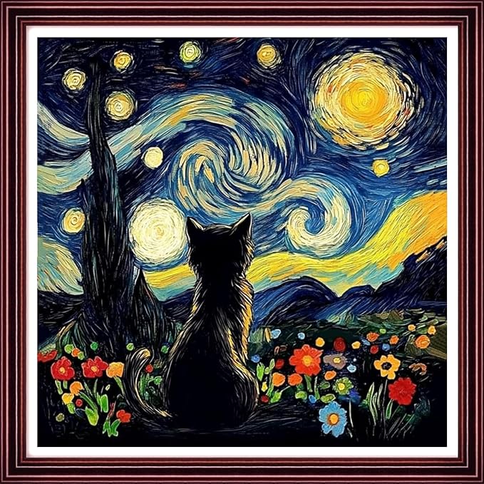 DMCCRAFT Stamped Cross Stitch Kits for Adults 11CT Printed Cross-Stitch Patterns Embroidery Kits Easy Cross Stitching Needlepoint Kits Crossstitch-Starry Night Cat Watching The Moon 18x18 inch