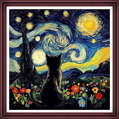DMCCRAFT Stamped Cross Stitch Kits for Adults 11CT Printed Cross-Stitch Patterns Embroidery Kits Easy Cross Stitching Needlepoint Kits Crossstitch-Starry Night Cat Watching The Moon 18x18 inch