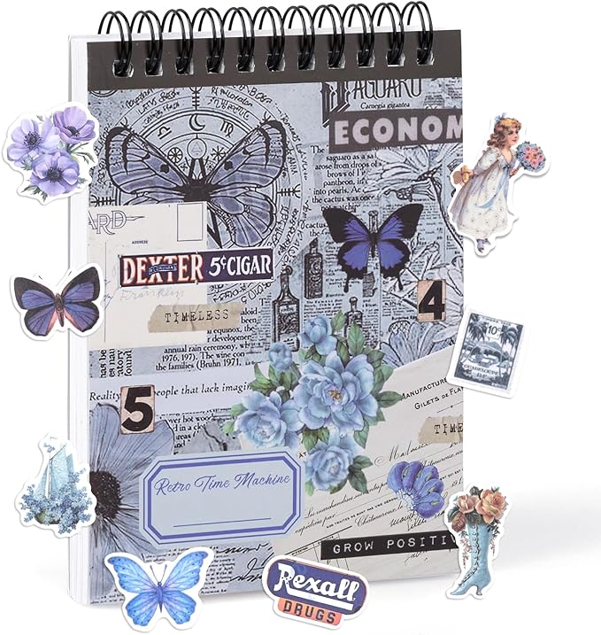 RISYPISY Pre-Cut Vintage Ephemera Washi Scrapbook Sticker Book for Scrapbooking - 50 Sheets Blue Journaling Dark Academia Stickers for Junk Journal Scrap Book Supplies Arts Frame Album, 473PCS