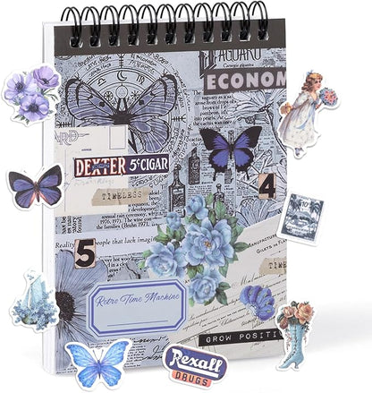 RISYPISY Pre-Cut Vintage Ephemera Washi Scrapbook Sticker Book for Scrapbooking - 50 Sheets Blue Journaling Dark Academia Stickers for Junk Journal Scrap Book Supplies Arts Frame Album, 473PCS
