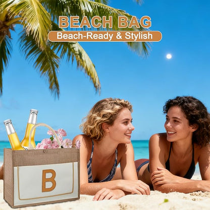 DIY Personalized Canvas Tote Bag with Embroidery Kit, Sturdy Jute Craft Bag with Front Pocket & Water-Resistant Lining, Customizable Gift Tote for Women, Everyday Use, Beach, Work, Groceries (B)