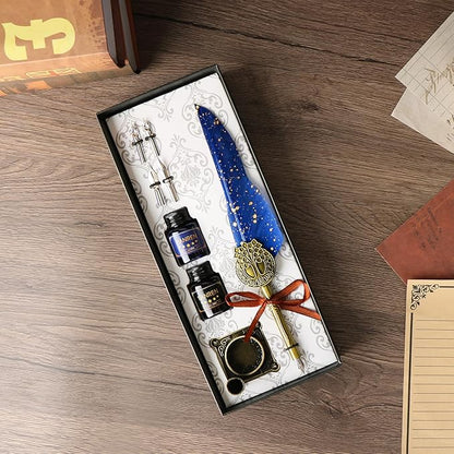 TIANREN Feather Pen and Ink Set,quill pen ink set,Antique Calligraphy Pen with 4 Replaceable Nibs,2 Bottle of ink,Pen Holder Christmas Gift for Men&Women.(Blue)