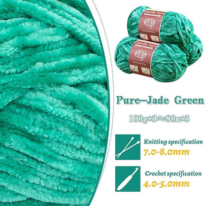 LUNARM Chenille Yarn for Crocheting Knitting, 3 Skein 263 Yard Thick Soft Chunky Fluffy Weaving Plush Yarn for Blankets Clothes Pattern Creations with Big Eye Needles (Jade Green)