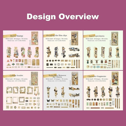AuriicLeaf Retro Memories Vintage Scrapbook Stickers - 180pcs Aesthetic White Kraft Paper Ephemera Self-Adhesive Die-Cut Designs for Journaling Collage DIY Crafts