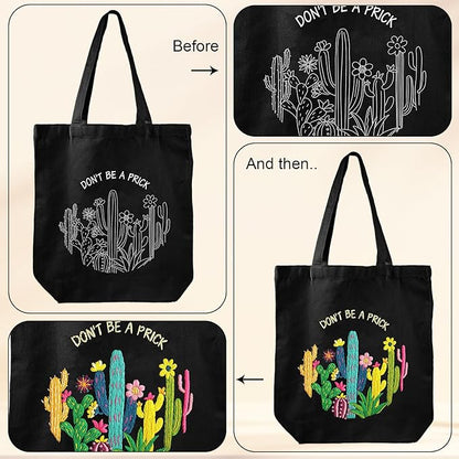 Louise Maelys Cactus Embroidery Kit Canvas Tote Bag for Beginners,Cross Stitch Kits for Adults,DIY Funny Plant Flowers Pattern,Women Shopping Reusable Grocery Bags