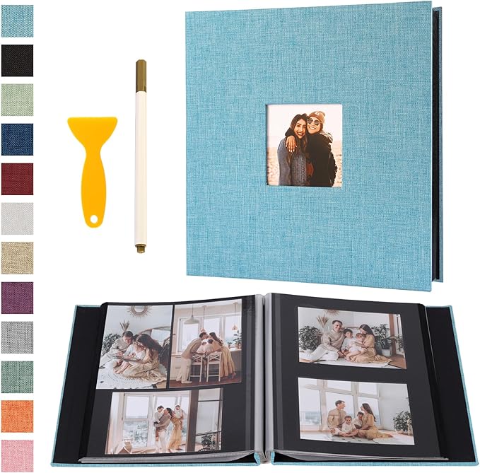 Self Adhesive Photo Album Black Pages Scrapbook Magnetic Photo Albums for 4x6 5x7 8x10 Pictures Books with Sticky Pages with A Metallic Pen for Baby Family Wedding 11x10.6 LightBlue 60 Pages