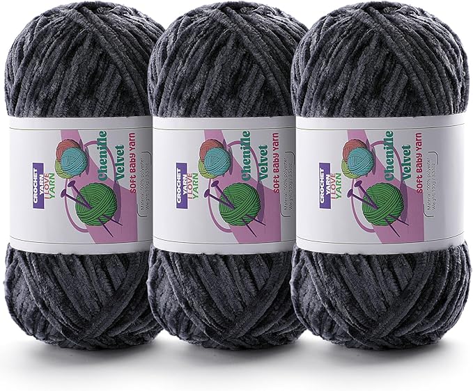 3 Skeins Soft Fluffy Velvet Yarn, Chenille Chunky Yarn for Hand Knitting and Crocheting DIY Craft, Amigurumi Crochet Yarns（3×196.8yds, 3×3.5oz） (Dark Gray)