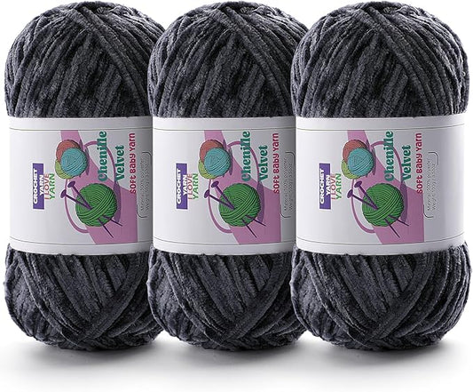 3 Skeins Soft Fluffy Velvet Yarn, Chenille Chunky Yarn for Hand Knitting and Crocheting DIY Craft, Amigurumi Crochet Yarns（3×196.8yds, 3×3.5oz） (Dark Gray)