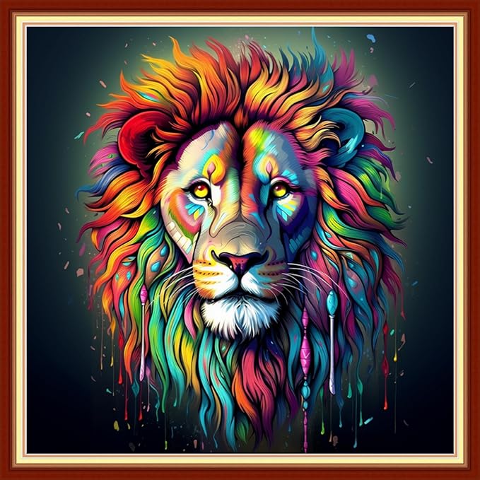 Foxdiviy Stamped Cross Stitch Kits Full Range of Embroidery Needlework Starter Kits for Beginners Adults 11CT Embroidery Patterns Art Crafts DIY Needlepoint Kits-Colorful Lion 18x18 inch