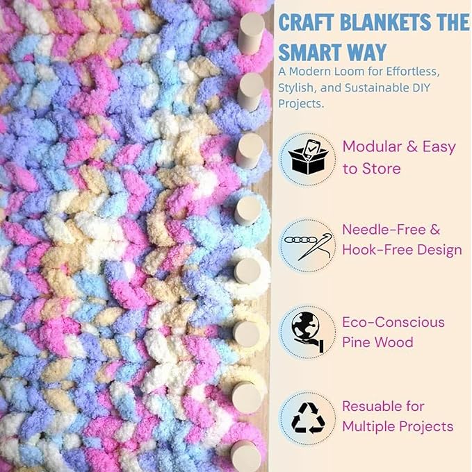 Knitting - Chunky Blanket, Hand Knitting Set, Adjustable Wooden Looms Frame, Yarn Crochet Kit for Crafts Hobby Beginners Friendly Weaving Blankets Scarf Sewing Cushion Wool Projects
