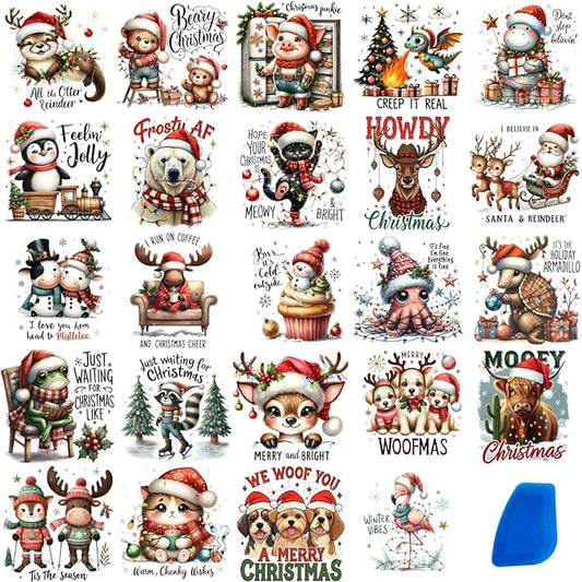 24 Sheets Vintage Christmas Rub On Transfers for Crafts, Rub On Transfers Christmas for Wood，Furniture Decals, Glass, Porcelain, Leather, Canvas, Fabric Projects,3 * 3inch(Animal Party)