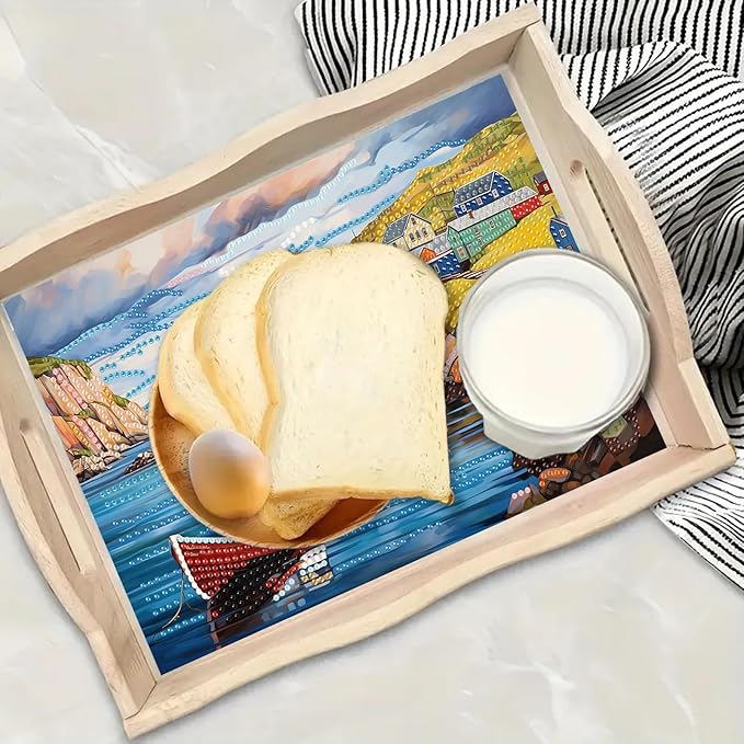 DoxQcs DIY Diamond Art Wooden Tray Kit Easter Food Tray with Handle Diamond Painted Table Decoration Tray for Breakfast Bar Dinner Table Diamond Art Painting for Beginners-#17-Seaside Village