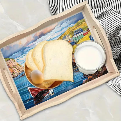 DoxQcs DIY Diamond Art Wooden Tray Kit Easter Food Tray with Handle Diamond Painted Table Decoration Tray for Breakfast Bar Dinner Table Diamond Art Painting for Beginners-#17-Seaside Village