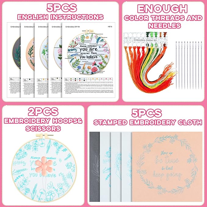 Crowye 5 Sets Inspired Quote Embroidery Kit for Beginner Adult Motivational Embroidery Starter Set Floral Cross Stamped Needlepoint Kit Hoops Thread Needles for Adults Craft Lover