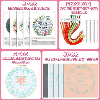 Crowye 5 Sets Inspired Quote Embroidery Kit for Beginner Adult Motivational Embroidery Starter Set Floral Cross Stamped Needlepoint Kit Hoops Thread Needles for Adults Craft Lover