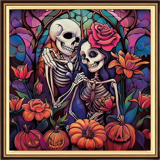 DMCVIVR Stamped Cross Stitch Kits for Adults Beginners Embroidery Kits 11CT Needlepoint Kits Cross Stitch Patterns Embroidery Patterns- Halloween Skeleton Couple Flowers 18x18 inch