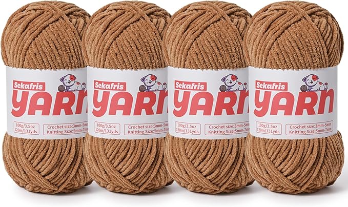 4 Pack Plush Chunky Chenille Yarn for Crocheting, Soft Fluffy Velvet Yarn for Crocheting Amigurumi, Fuzzy Baby Blanket Knitting 400g/524yds Bulky(4 Light Coffee)
