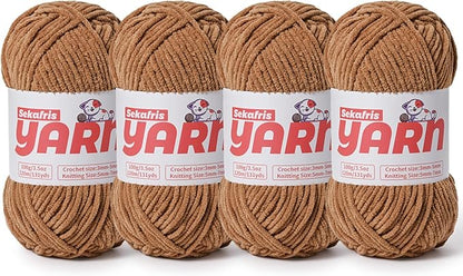 4 Pack Plush Chunky Chenille Yarn for Crocheting, Soft Fluffy Velvet Yarn for Crocheting Amigurumi, Fuzzy Baby Blanket Knitting 400g/524yds Bulky(4 Light Coffee)