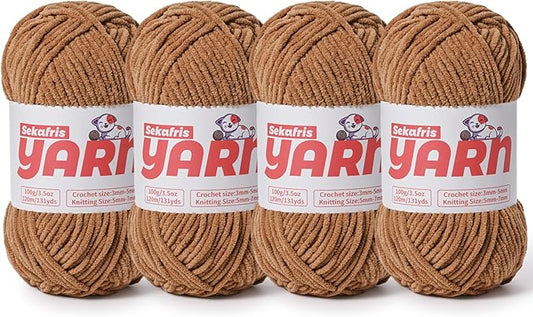 4 Pack Plush Chunky Chenille Yarn for Crocheting, Soft Fluffy Velvet Yarn for Crocheting Amigurumi, Fuzzy Baby Blanket Knitting 400g/524yds Bulky(4 Light Coffee)